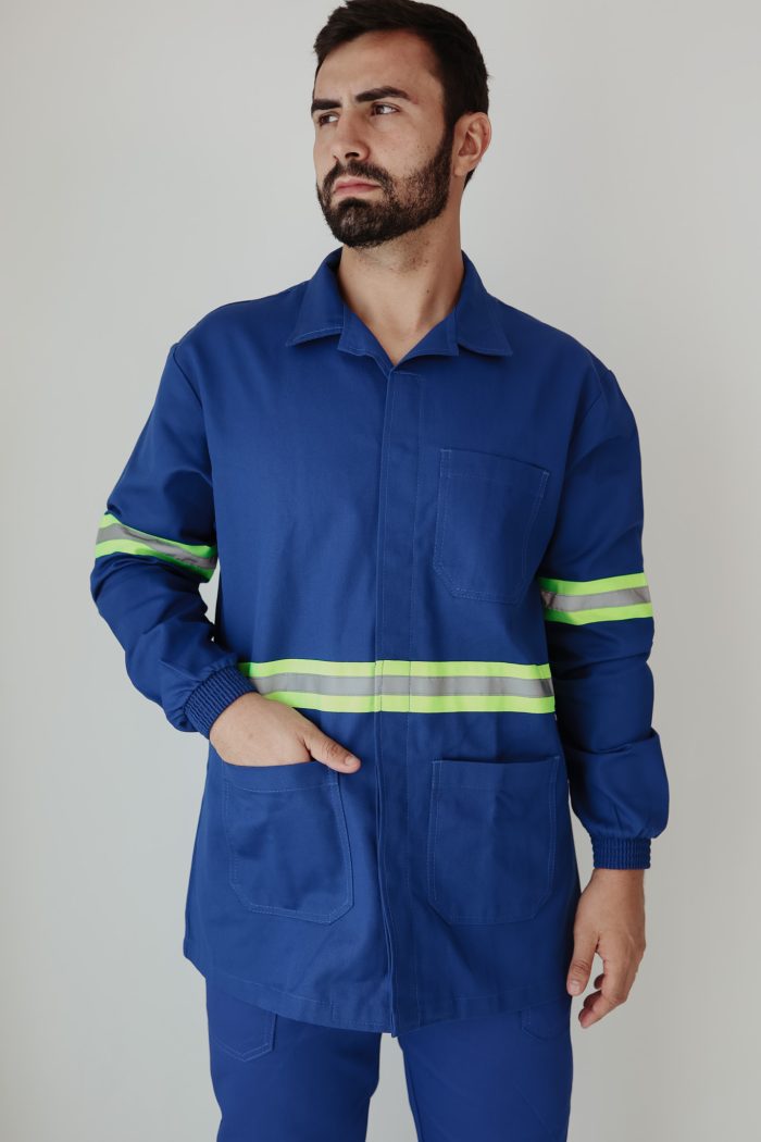 Jaleco Operacional em Brim Manga Longa Azul Royal com Faixa Refletiva - tamanhos do P ao GG